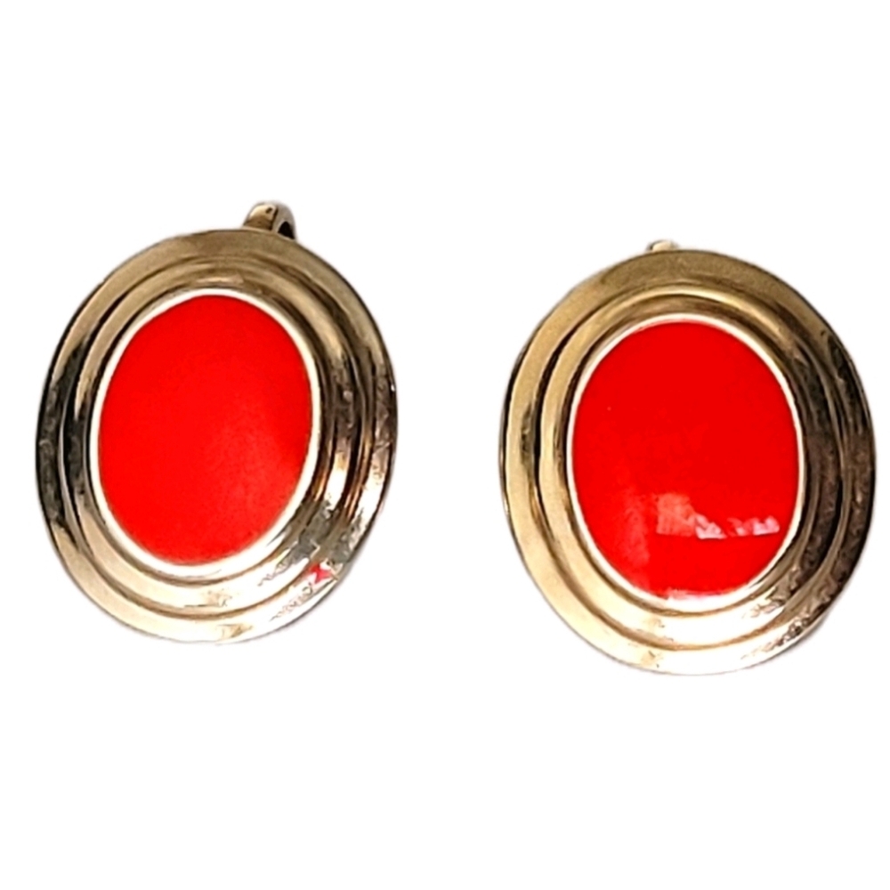 Vintage Dainty Tiny Red Gold Oval Clip On Earrings Costume Jewelry